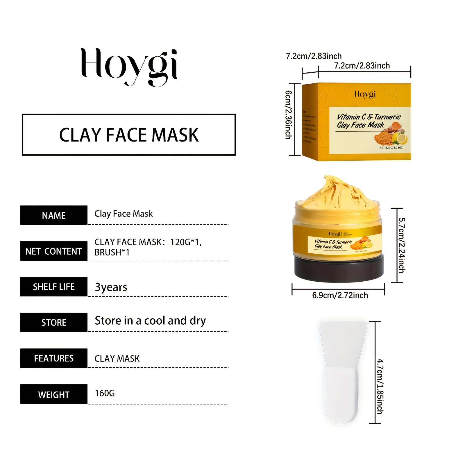 Masque de Boue à la Curcuma et Vitamine C Hoygi 3.38oz - Nettoyage Profond, Hydratant & Raffermissant, Masque en Kaolin et Aloe Vera pour un Teint Lumineux Beige Clair, Idée Cadeau Anniversaire pour Femmes et Hommes