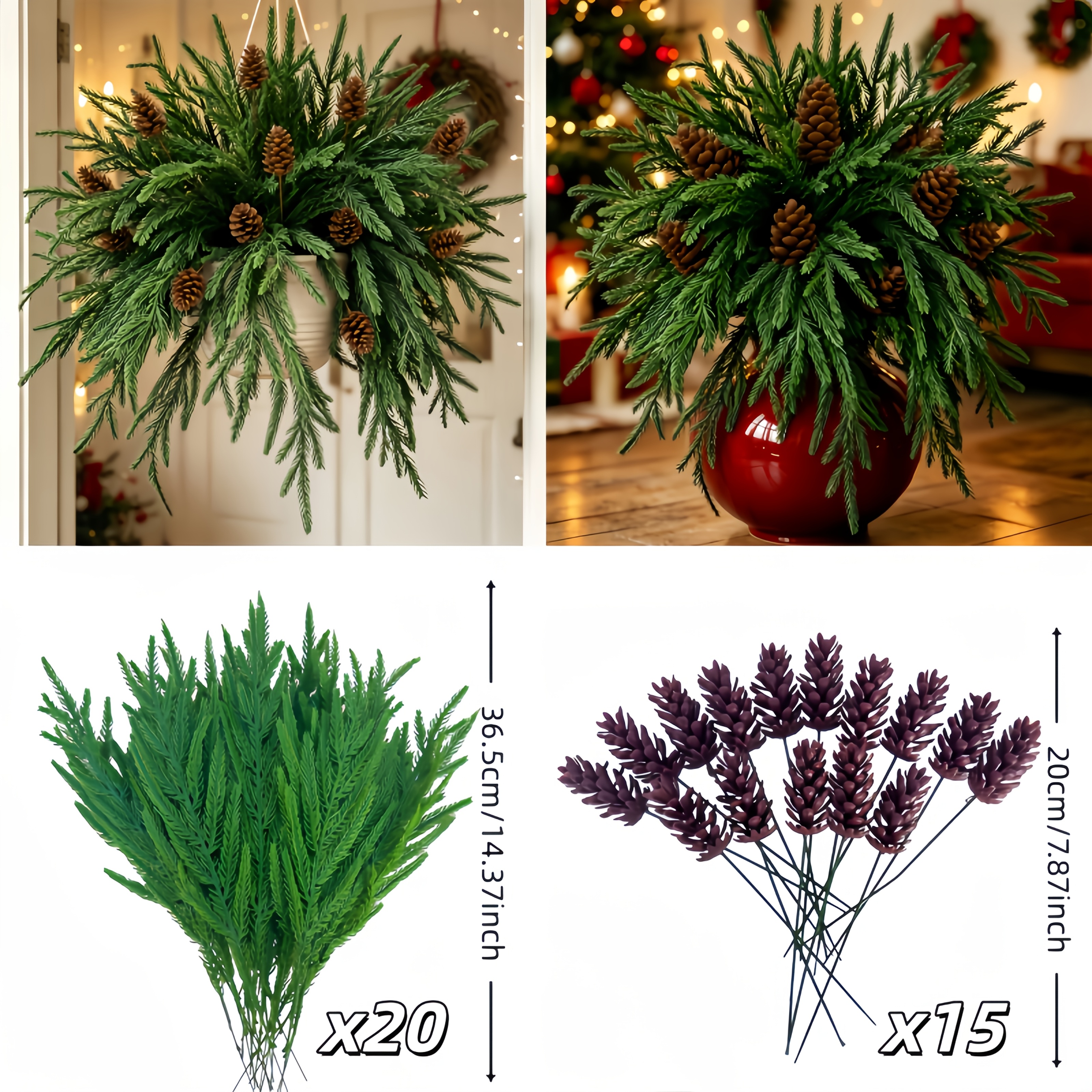 TEMU Ensemble de 35 branches d' de Norfolk artificielles pour l'extérieur, 15,3 pouces, avec branches de pinsons, de plantes vertes de Noël, tiges d'
