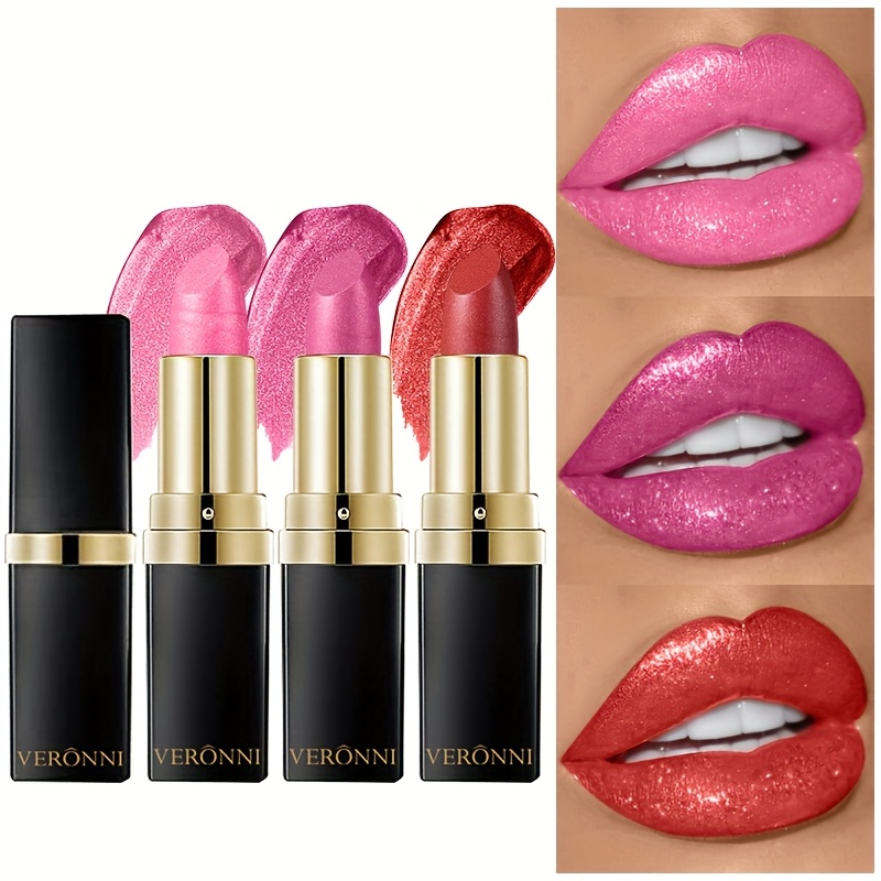 Image of 3pcs Diamond Glitter Lipstick Set, Long-lasting Shimmer Waterproof Lipstick Stage Makeup Lip Gloss Pigmented Lipstick Kit For Party And Perfect Gift For Women