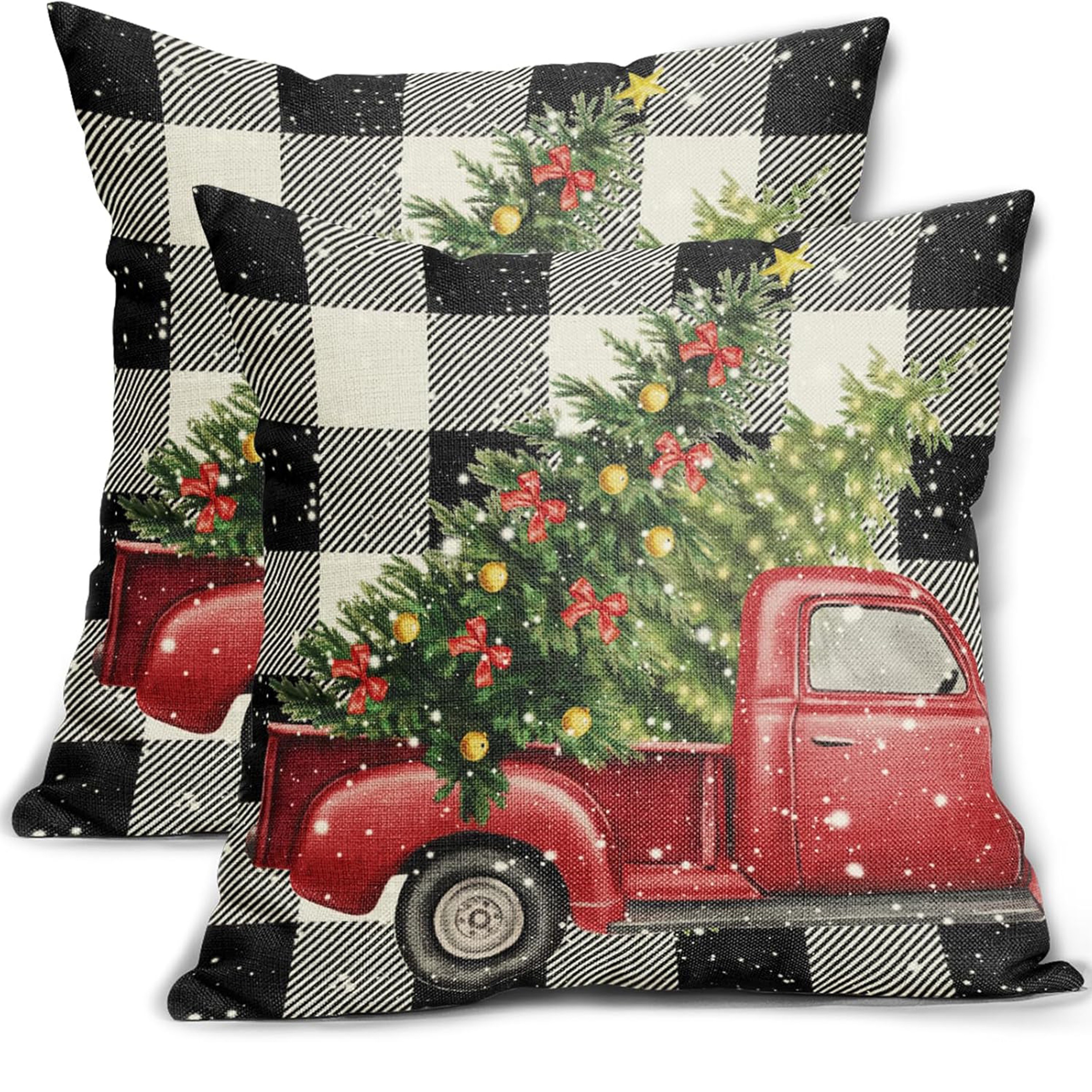 

2-pack Linen Christmas Throw Pillow Covers, Vintage With , Check, Contemporary Holiday Farmhouse Decorative Cushion Cases, Zipper Closure, Machine Washable For Sofa And Bed Decor - Single Sided Print