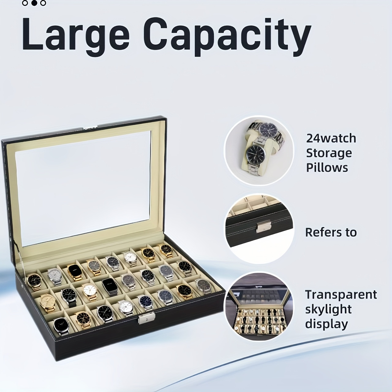    leather watch box with 24 compartments clear lid and soft fabric interior elegant storage for multiple watches 0
