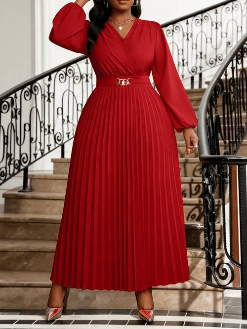 Plus Size Women'S Temperament Elegant Cinched V-Neck Ruched Long Sleeve Midi Dress