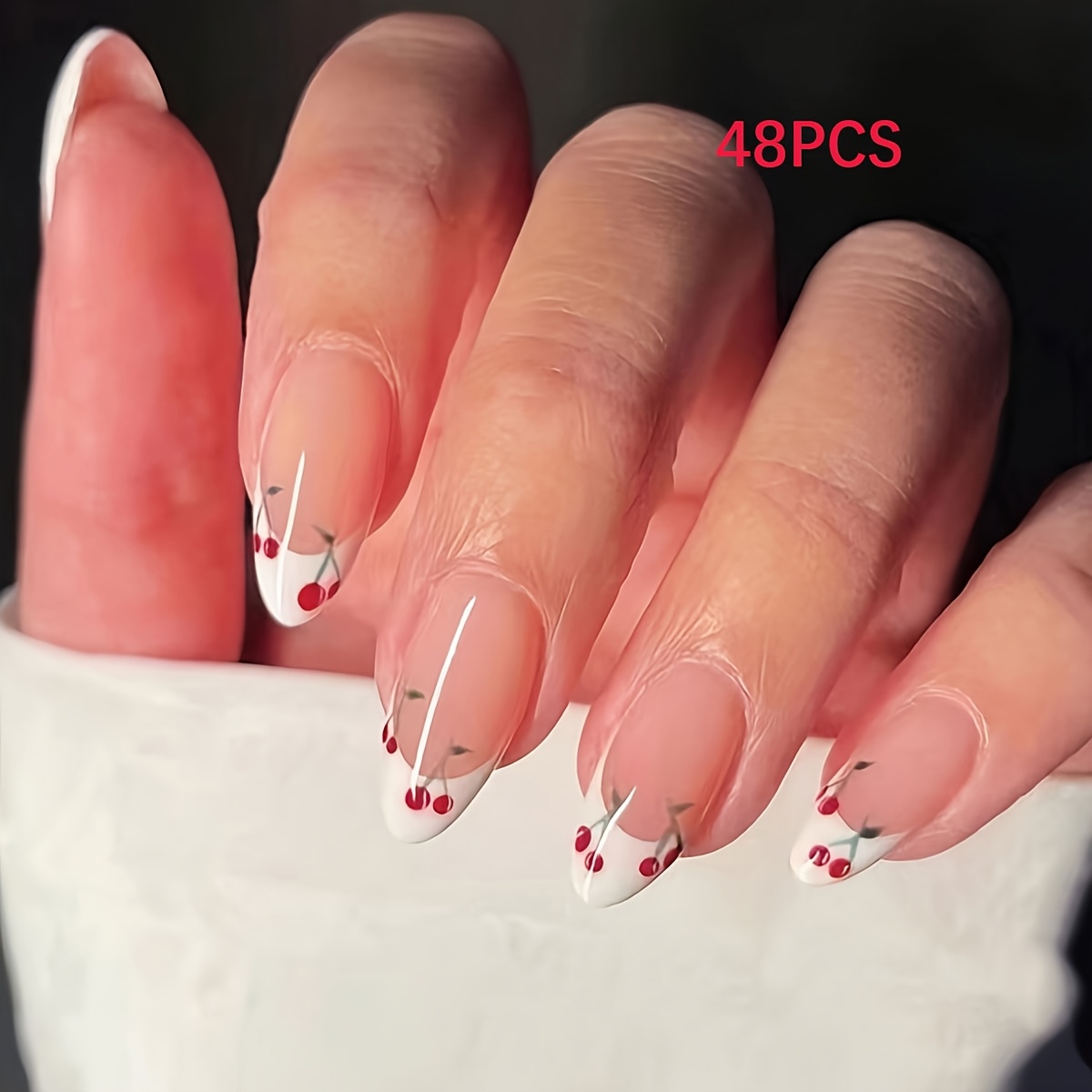TEMU 48 pz Unghie a Mandorla, Simpatiche Ciliegie, Manicure Staccabile, Adatte per Uso da Donna, Ufficio, Feste e Altre . 1 pz Colla Gelatina + 1