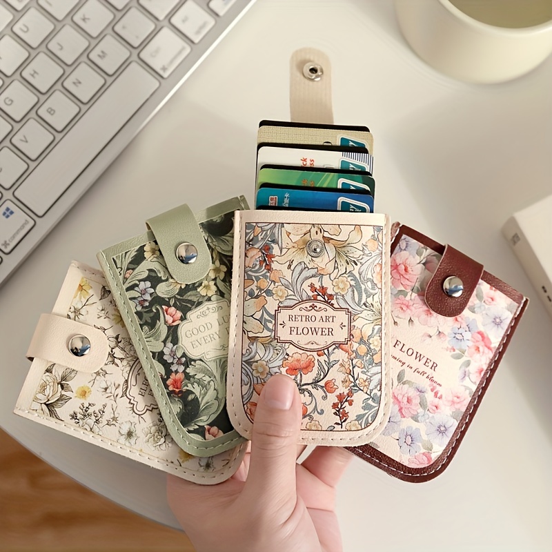 vintage floral pattern pull out multi card slot id holder large capacity compact ultra thin synthetic leather card case with snap closure