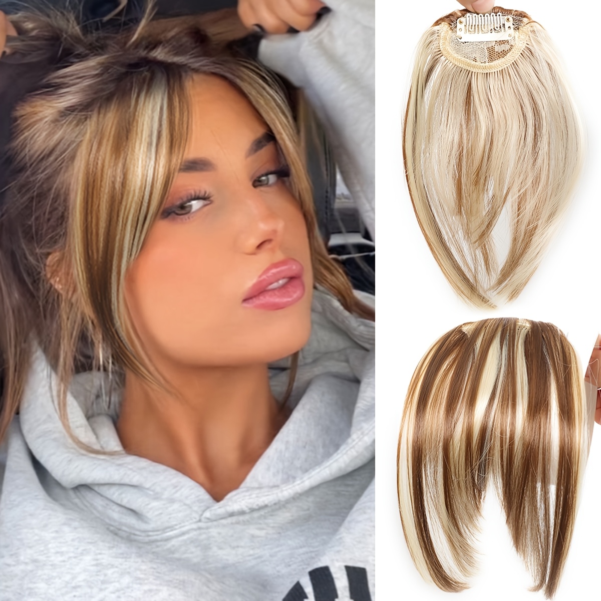 chic look elegant brown blonde clip in bangs wig for women fluffy synthetic hair with   fringe high temperature resistant versatile styling options short hair wig details 0