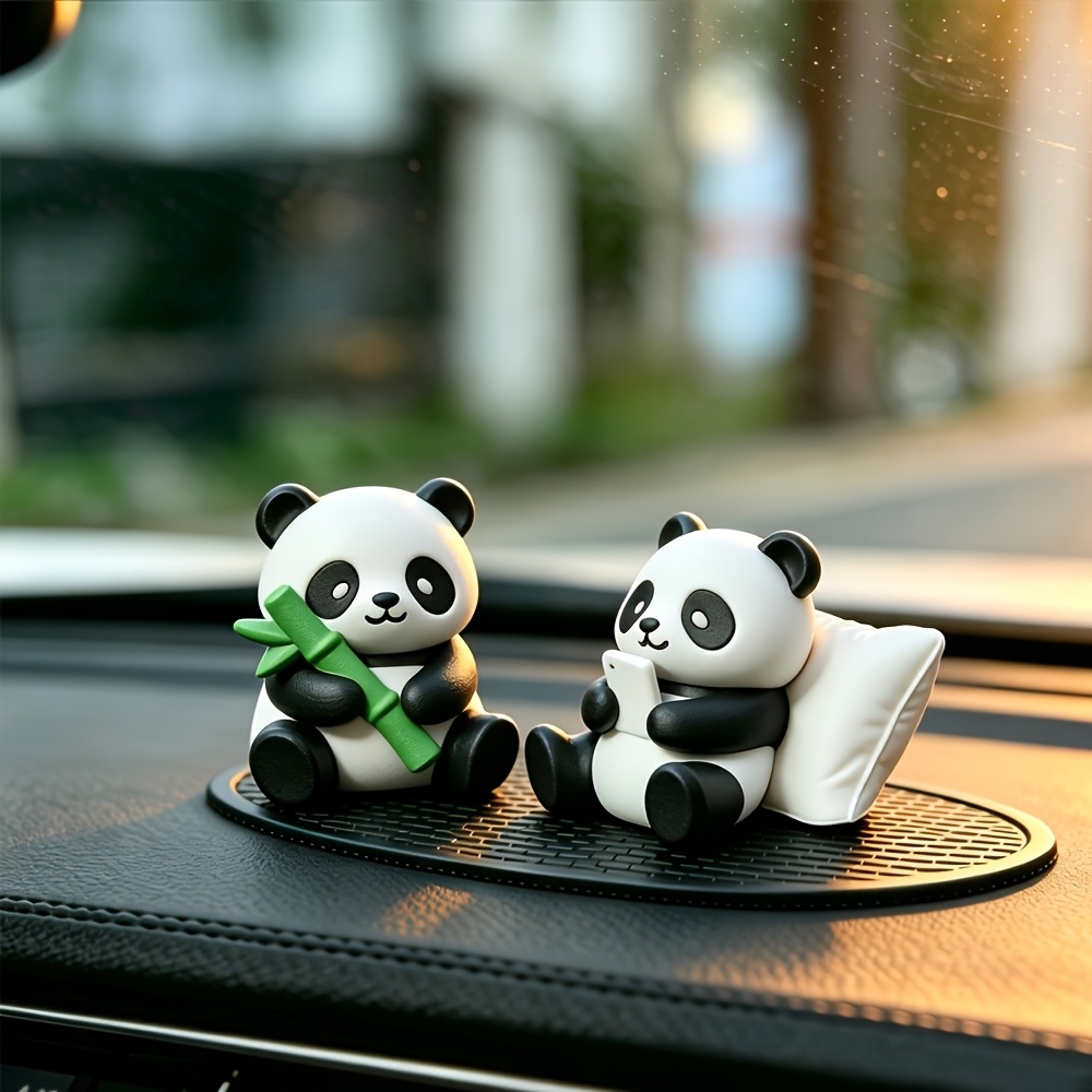 TEMU 2pcs Creative Mini Panda Car Decor Figurines, Retro Bohemian Festival Design, Exquisite Detailed Print Durable Plastic Ornaments, Multipurpose