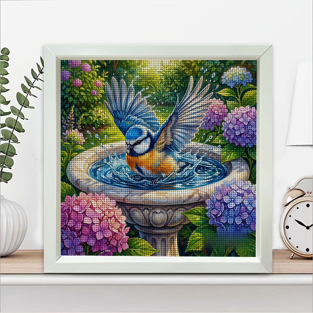 New Frameless Cross-stitch Printed Kit, Blue Bird in Bathtub