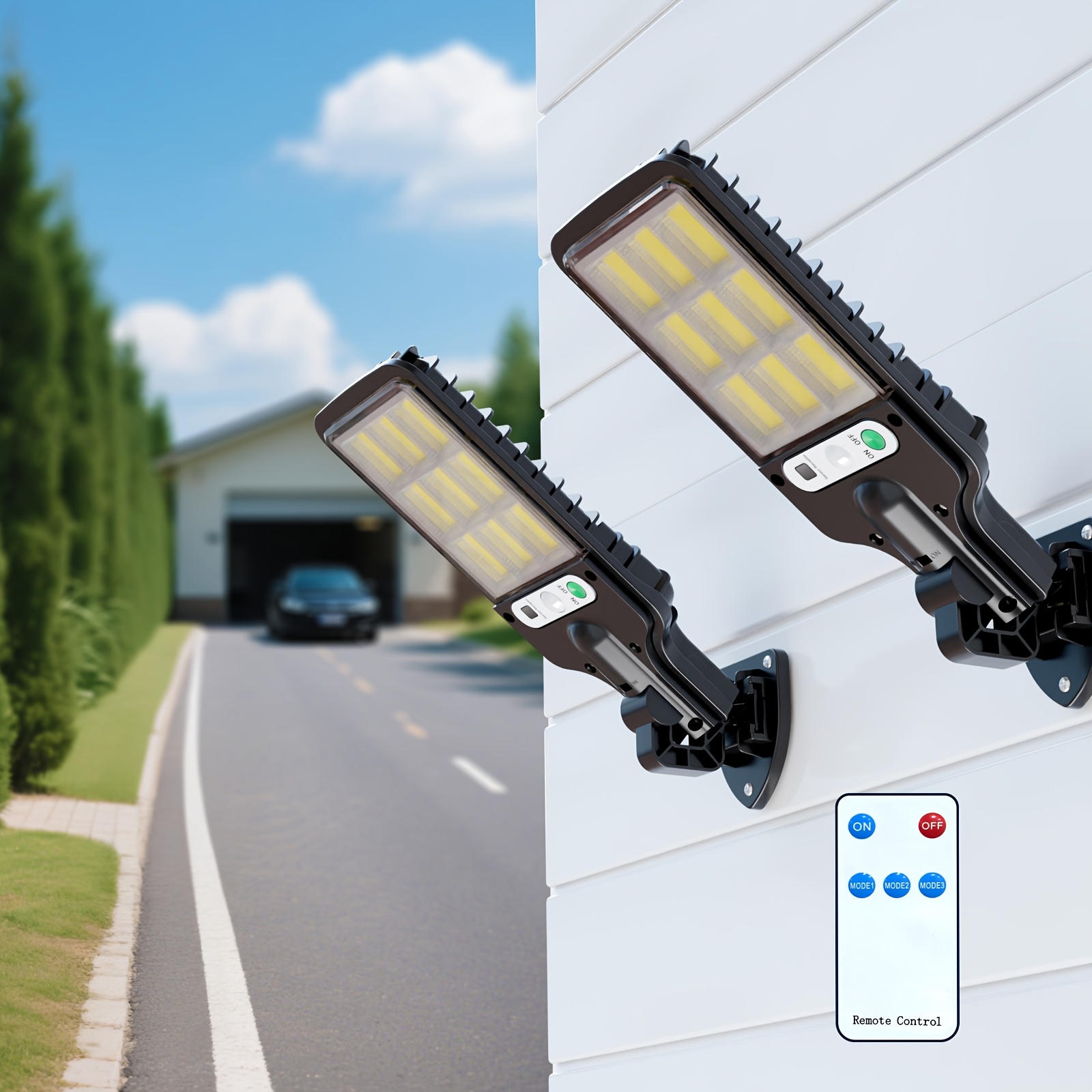 TEMU 2 Pack Outdoor Led Solar Street Light, Waterproof Solar Security Wall Light With Remote Control, 3 For Garden, Street, Deck, Terrace, Garage,