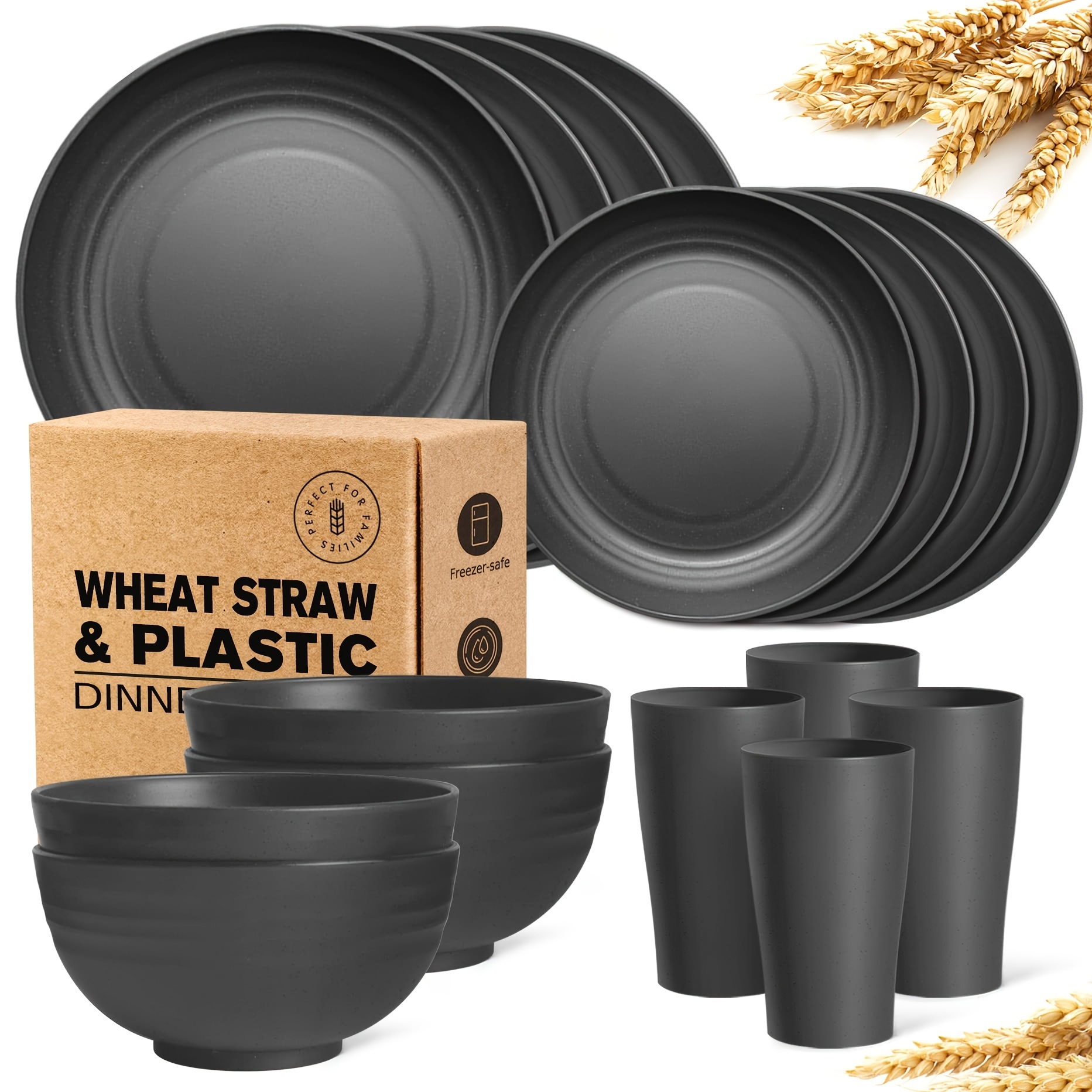 

16-piece Kitchen Plastic Wheat Straw Dinnerware Set, Service For 4, Dinner Plates, Dessert Plate, Cereal Bowls, Cups, Unbreakable Unique Plastic Outdoor Camping Dishes, Black Matte