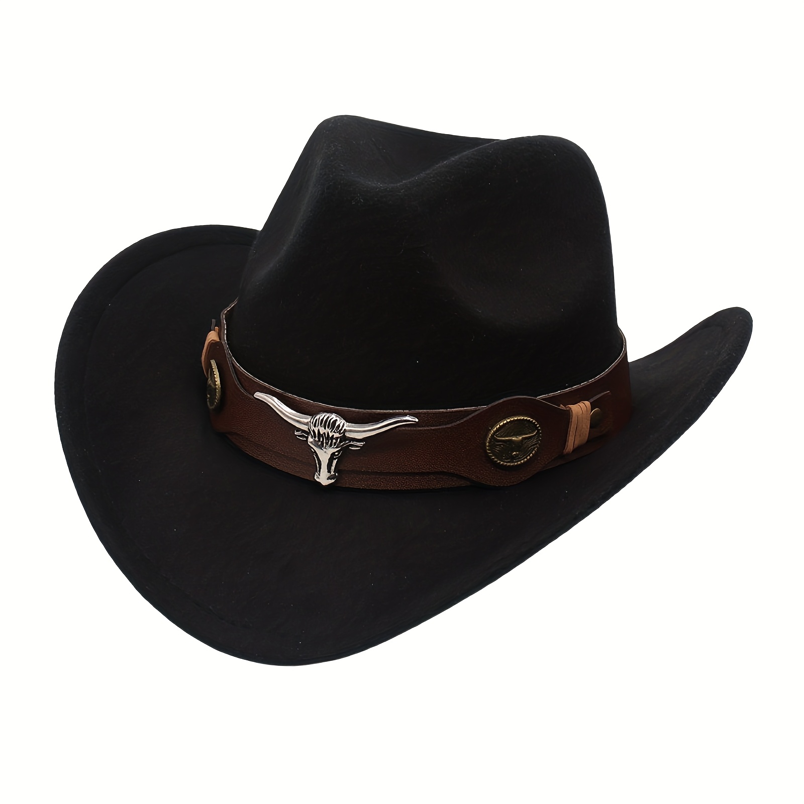 TEMU Western Cowboy Cowgirl Style Wide Brim Fedora Hat Cowboy Logo Hatband Decor Vintage Riding Rolled Brim Belt Cowboy Hat Outdoor Party Styling