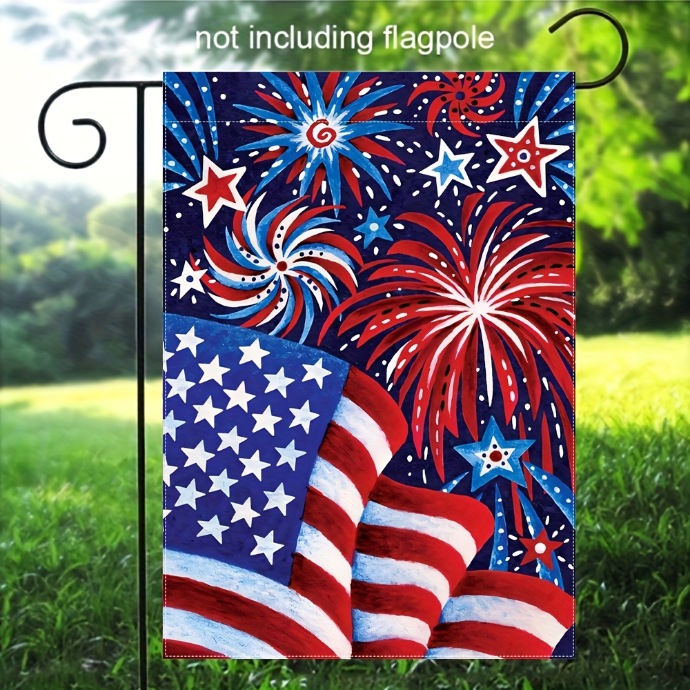   a two sided   garden flag measuring 12x18 inches featuring a colorful design for the   with an american flag and fireworks its ideal for decorating your outdoor yard or lawn for memorial day and   the fla
