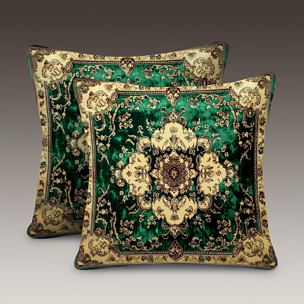 TEMU 2pcs Pillow Covers, 18x18 Inch Sofa Pillow Shams, Persian , Green Velvet And Beige, Soft And Smooth Polyester Short Pile Fabric, Single-sided