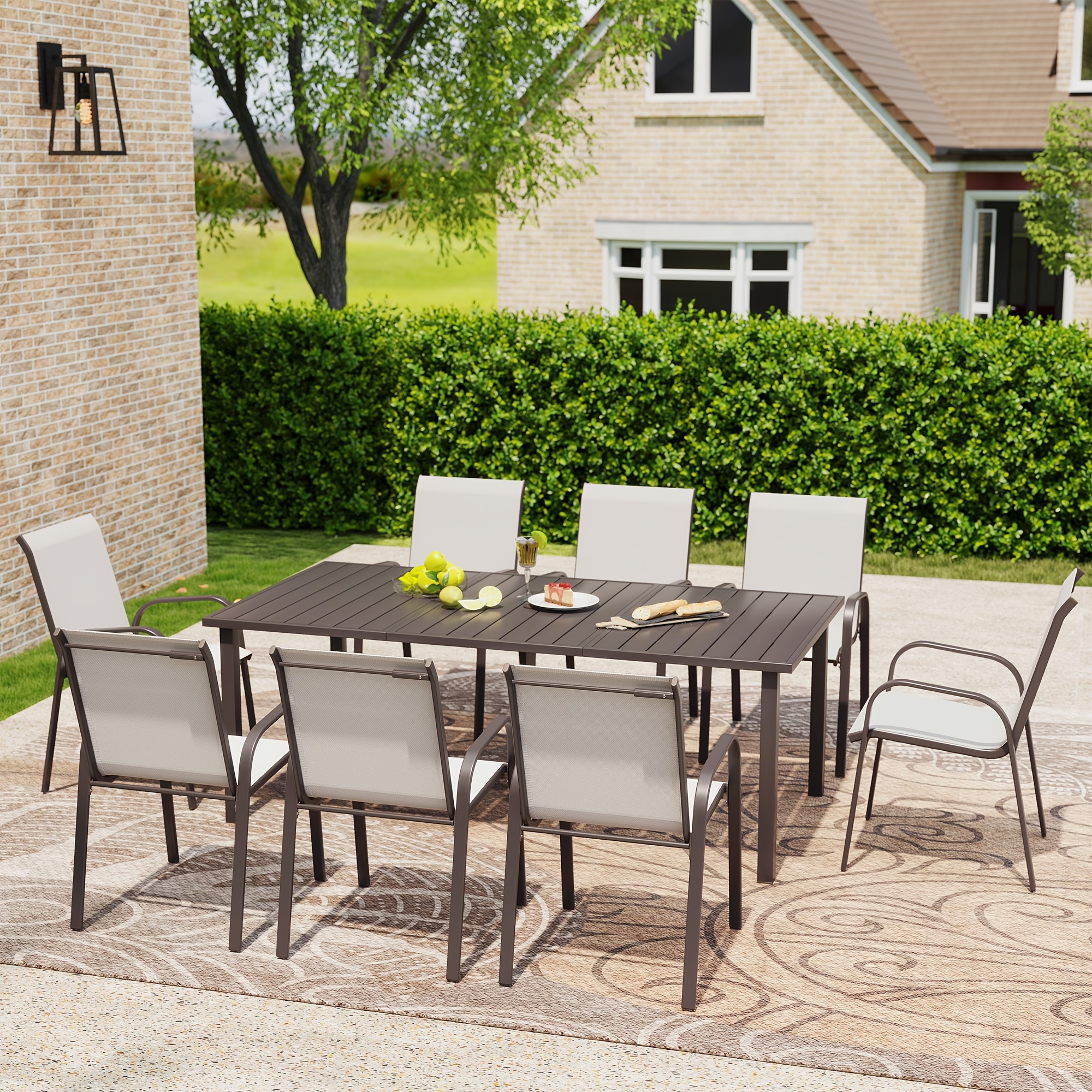 9pcs Outdoor Dining Table And Chair Set, Suitable for 8 People, The Set Includes 1 Long Table, 8 Fixed Seats, Suitable for Outdoor Garden Terrace Furniture Set