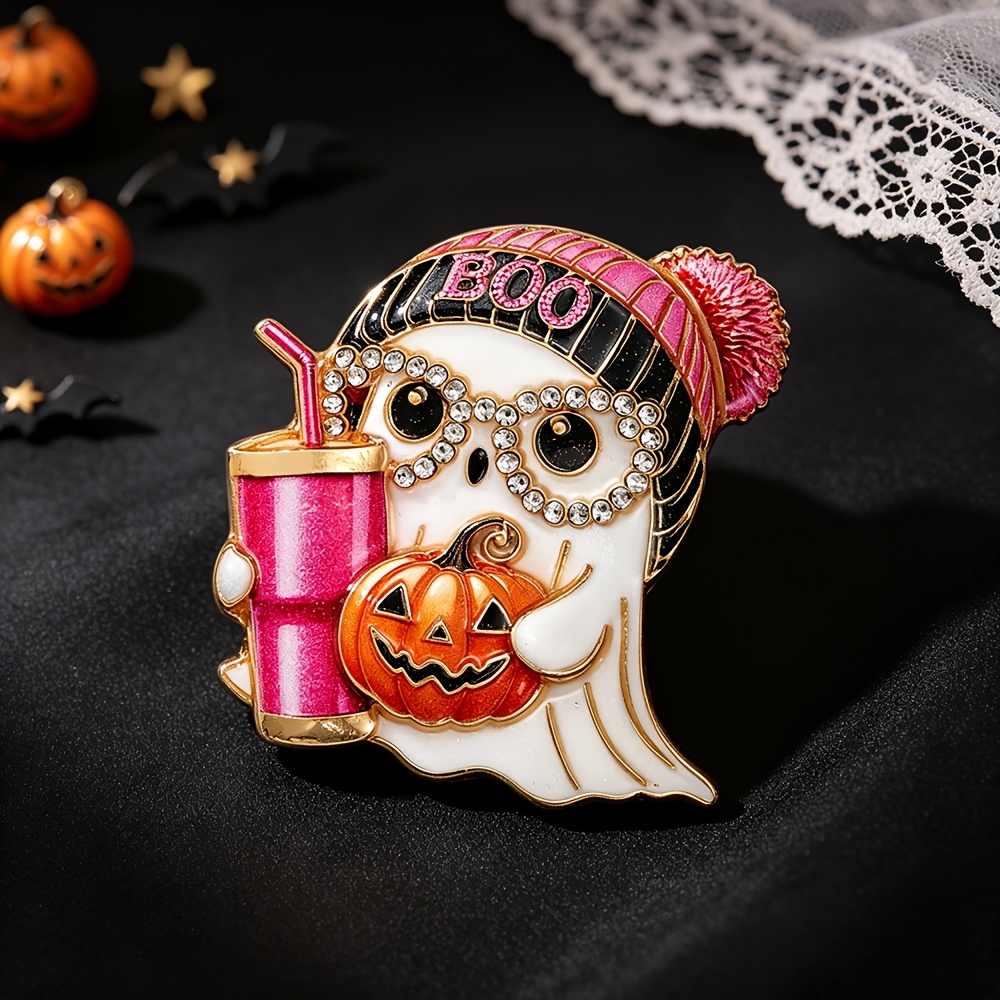 TEMU 1pc Solevdo Enamel Rhinestone Brooch Novelty Fashion Boo Pumpkin Pin For , Halloween Pink Knit Hat Drink Lapel Pin, Spooky Holiday Jewelry,