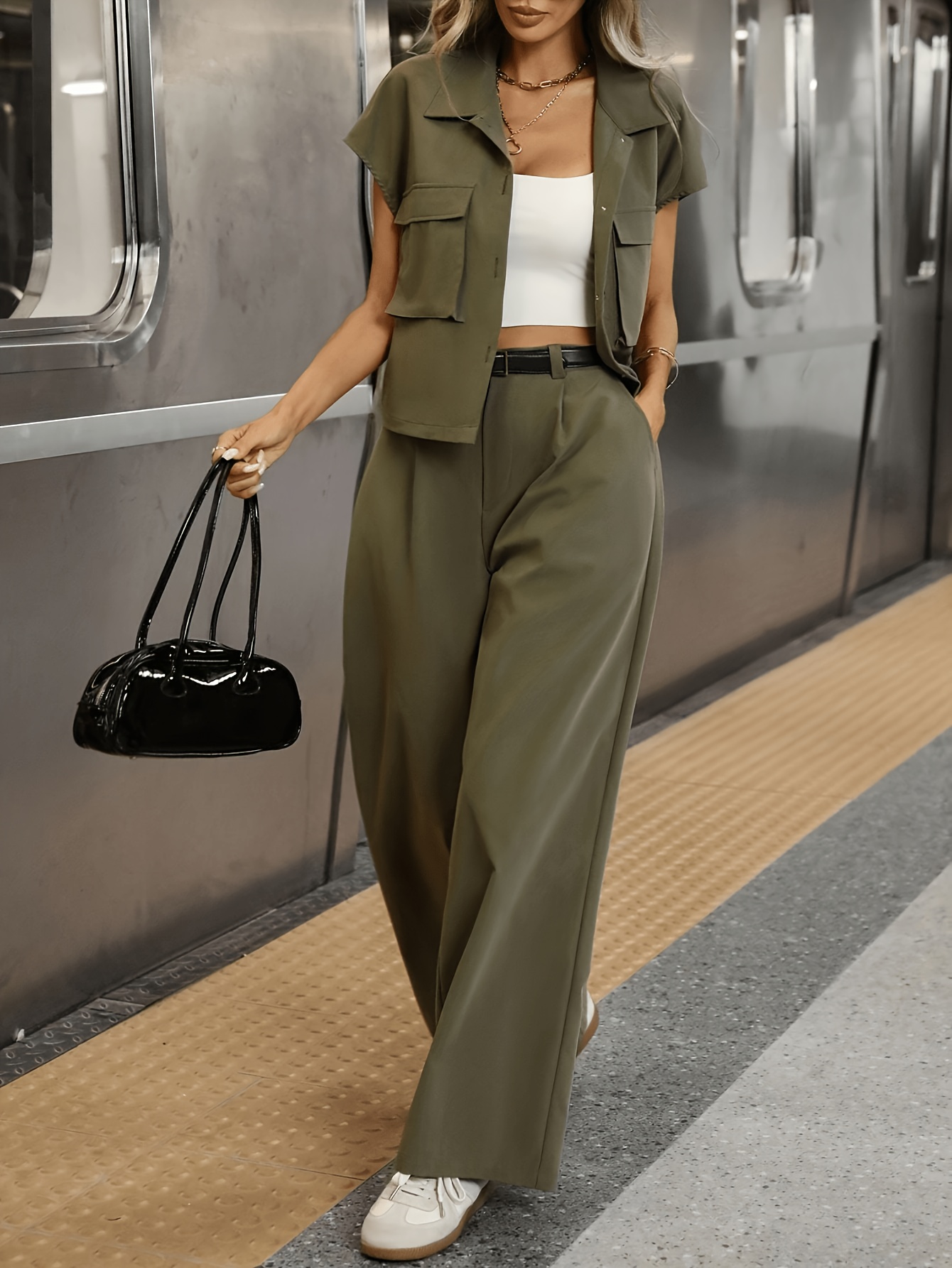 Women's Casual Solid Color Shirt and Pants 2pcs Set, Spring Summer 2pcs Set: Solid Color Button-Up Short Sleeve Top and Pocket Pants, Women's Casual Elegant Spring Summer 2pcs Outfit, Women's Outing ...