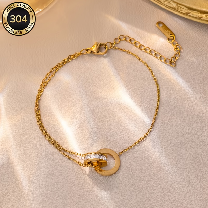 E-shop 304 Edelstahl Vergoldenetes Römische Ziffern Damenarmband, Doppellagiges Unterbrochenes Kreis Kubische Zirkonia Armband, Verstellbares Kettchen