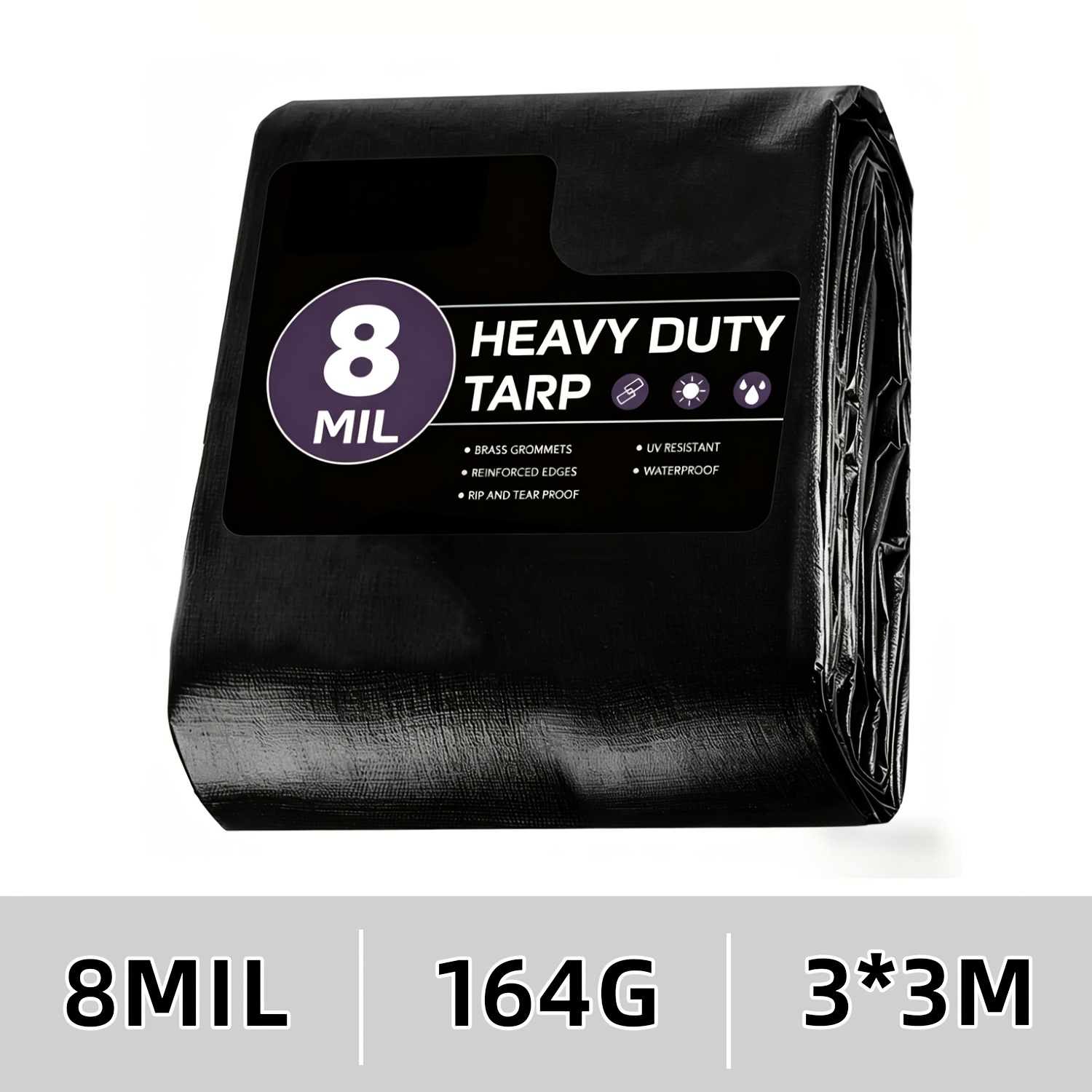 Image of 2m X Tarp, 8 Mil Heavy Duty Waterproof Black Tarp With Grommets & Reinforced Edges, 2ft/0.61m Grommet , Tear & Fade Resistant, Ideal For Outdoor Pool, Camping & Tent