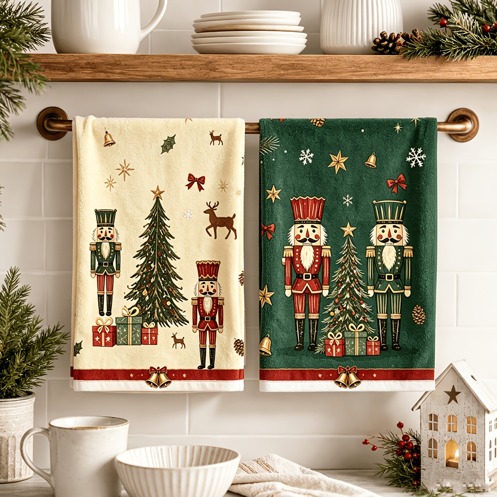 TEMU Cleaning Cloth 2pcs Set, Christmas Nutcracker Christmas Tree Green Kitchen Dish Towel, Tea Towel, Striped Bar Towel, Durable Kitchen Cleaning