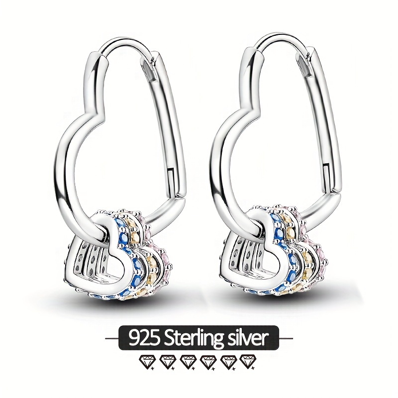 

Original 925 Sterling Silver Hypoallergenic High Quality Heart Color Zirconia Pavé Set Women' Earrings 6g