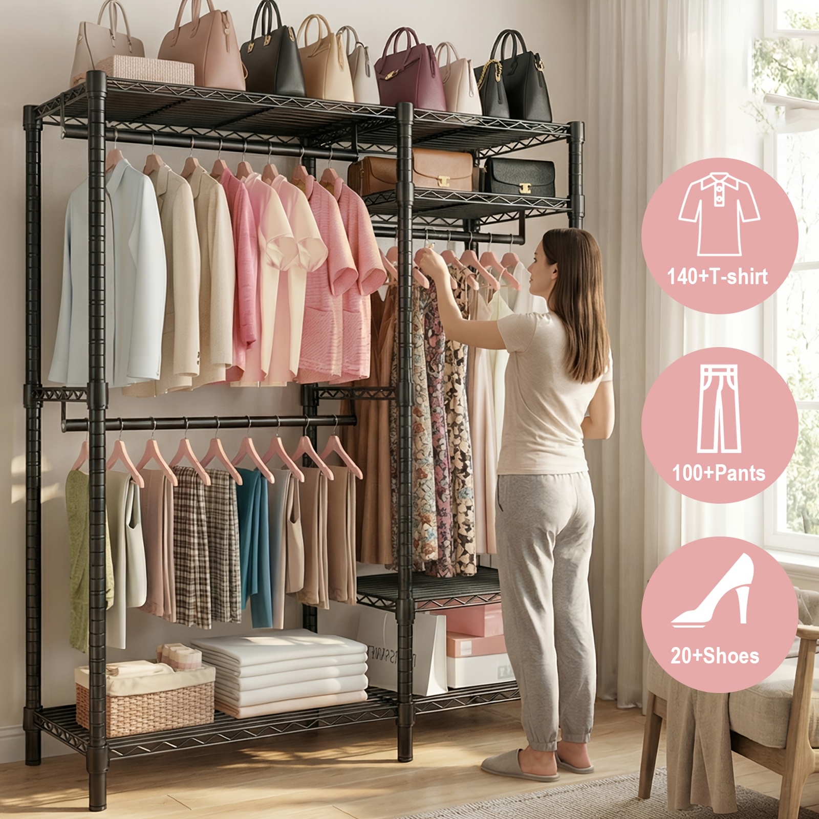TEMU Portant à vêtements robuste en métal conçu pour un usage intensif, comprenant un organisateur de garde-robe autoportant à quatre niveaux, trois