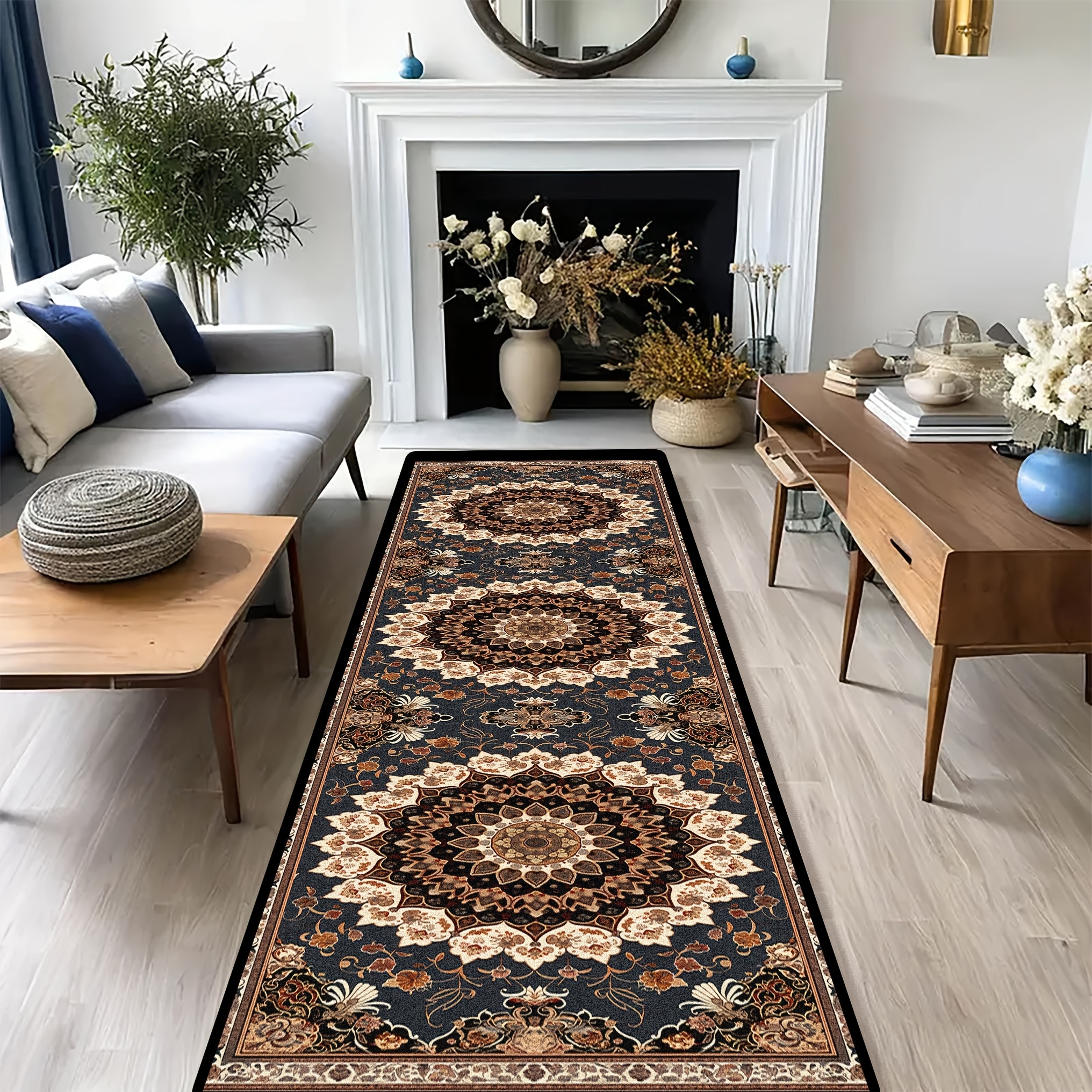 TEMU Sea Freight [] 1pc, Retro Style Exquisite Living Room Floor Mat Practical Kitchen Foot Mat Machine Washable Soft Bedroom Bedside Decorative