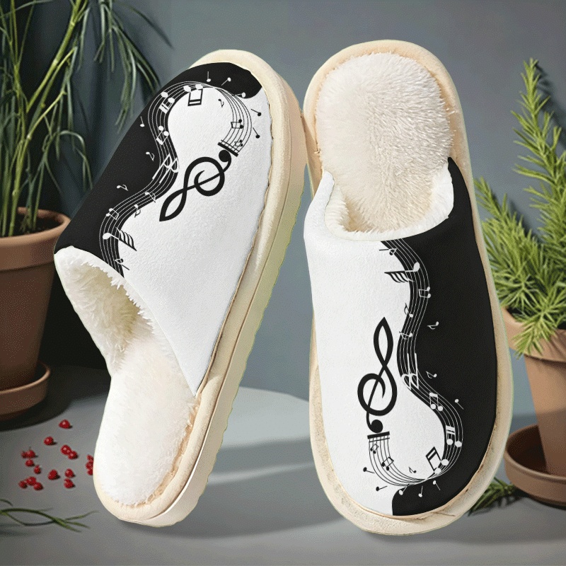 TEMU Music Note Art Print Plush Slippers, Black And With Musical Elements, Printed For And , A Trendy Home Item For Music Lovers, Women Shoes
