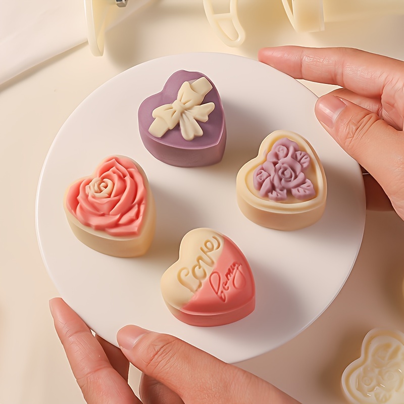 

5pcs Heart-shaped Moon Cake Mold Set - Diy Hand Press Pastry Stamps For Mid-, Valentine's Day & More - Includes 1 Mold And 4 Stamps, Baking Treats