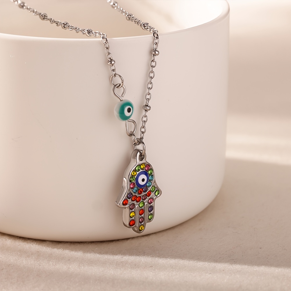 TEMU Elegant And Personalized Golden Stainless Steel Eye Colored Small Hand Necklace, Suitable For Holidays And Daily Wear, Personalized Small Hand
