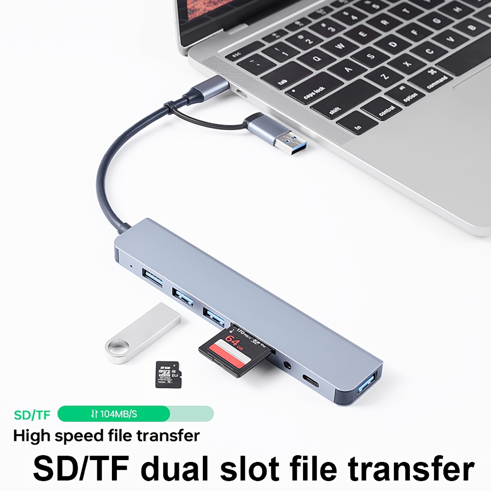 an 8 in 1 multifunctional docking station with a usb c a supporting high speed usb 3 0 transfer it a tf sd card reader and a 3 5mm headphone jack making it lightweight and portable suitable for devices like laptops and smartphones expanding options and enhancing work details 4