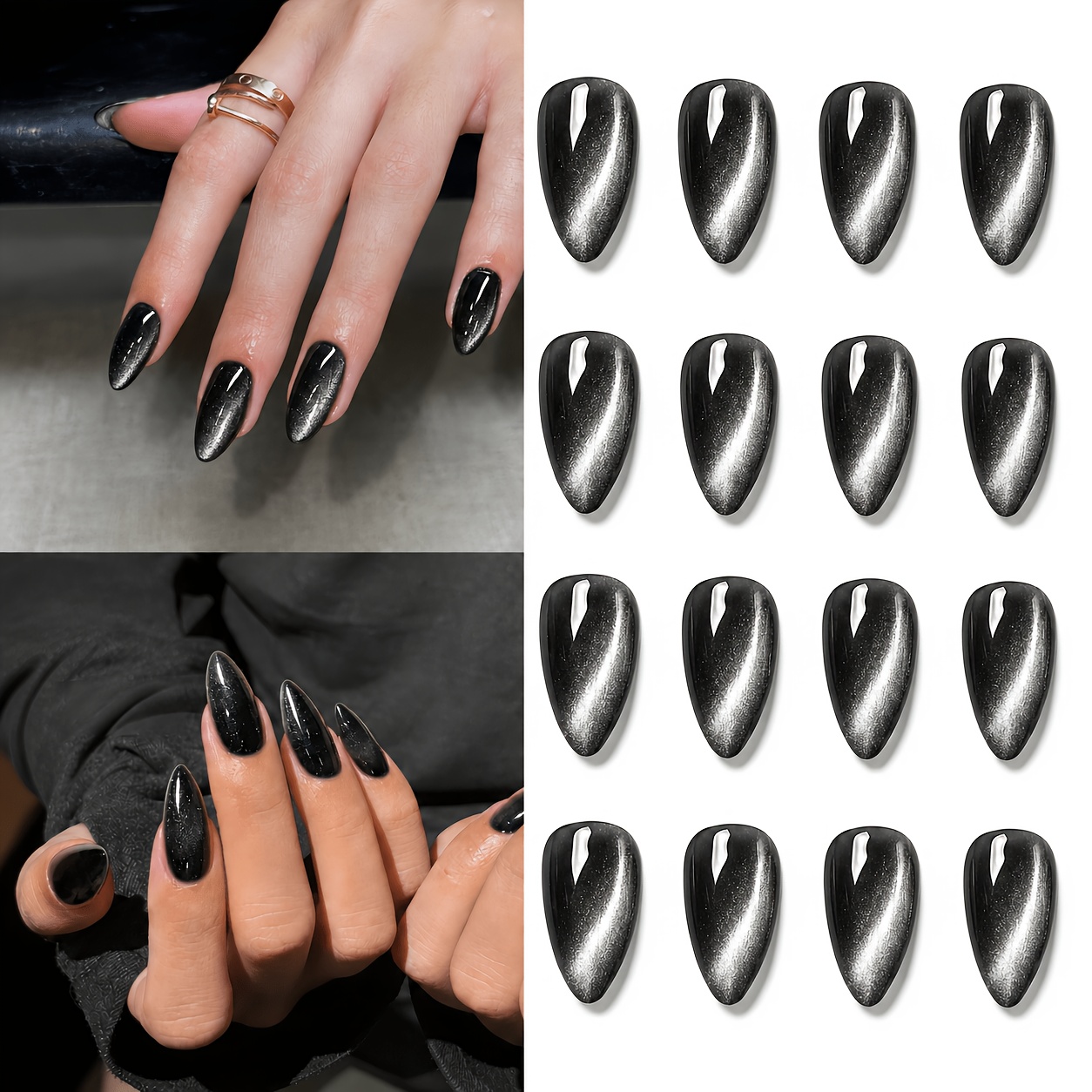 TEMU 96pcs Black Silvery Metallic Shine Almond Cat Eye Press-on Nail Set, Premium Magnetic Mirror Cat Eye False Nails For Women, Stylish And Cool