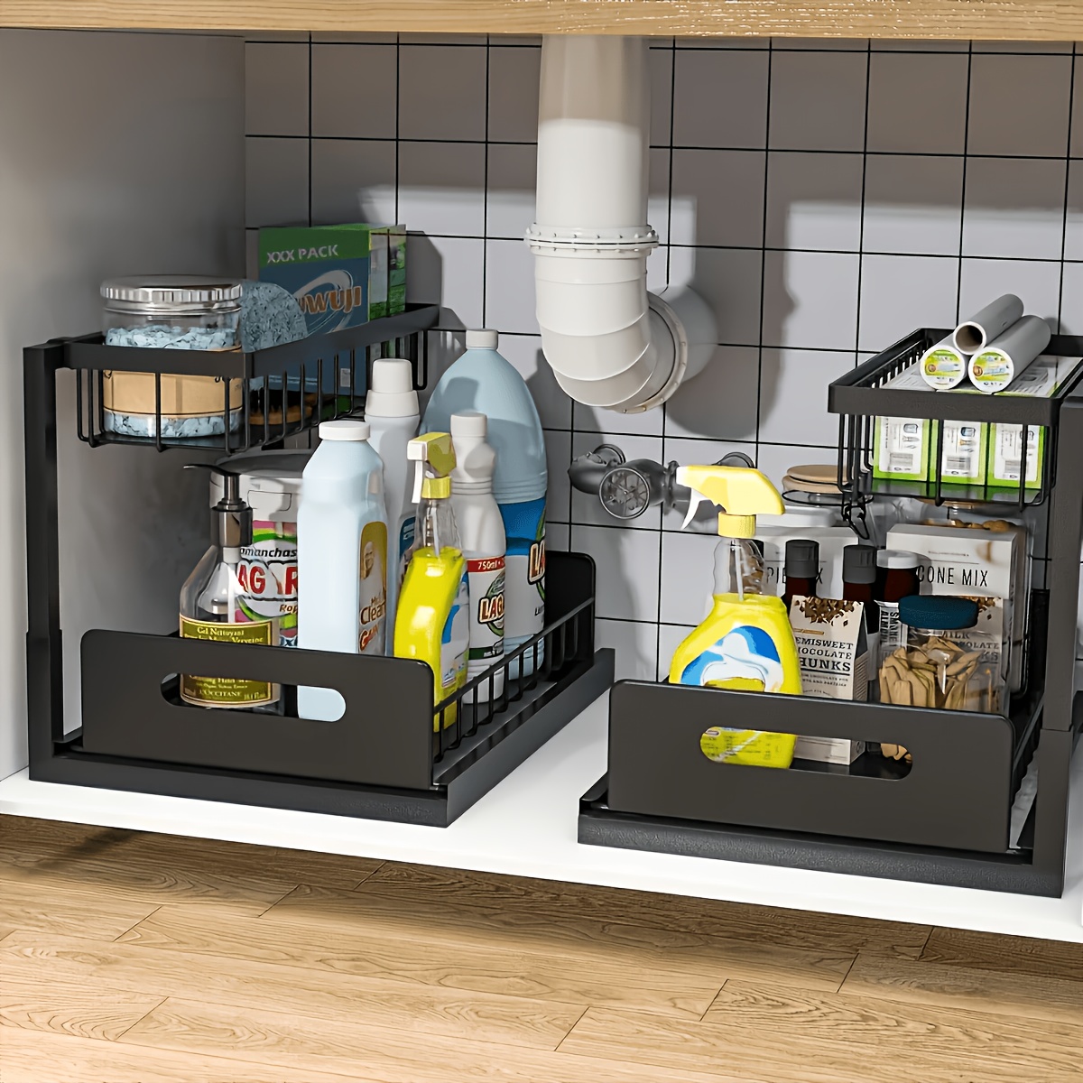 1/2pcs Kitchen Storage Rack for Sink Organization And Storage, Sink Organizer, Sliding Pull-Out Cabinet Organizer, Metal Sliding Drawer, for Kitchen, Bathroom, Refrigerator, And Cabinet Organization, Easy And Practical Essential Kitchen Storage Item