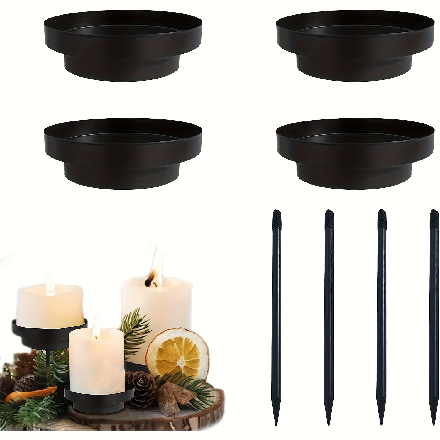 TEMU 4 Sets Of Black Metal Candlesticks With Removable Bases That Inserted Or Flat, For Christmas, Thanksgiving And Other Holiday Decorations.