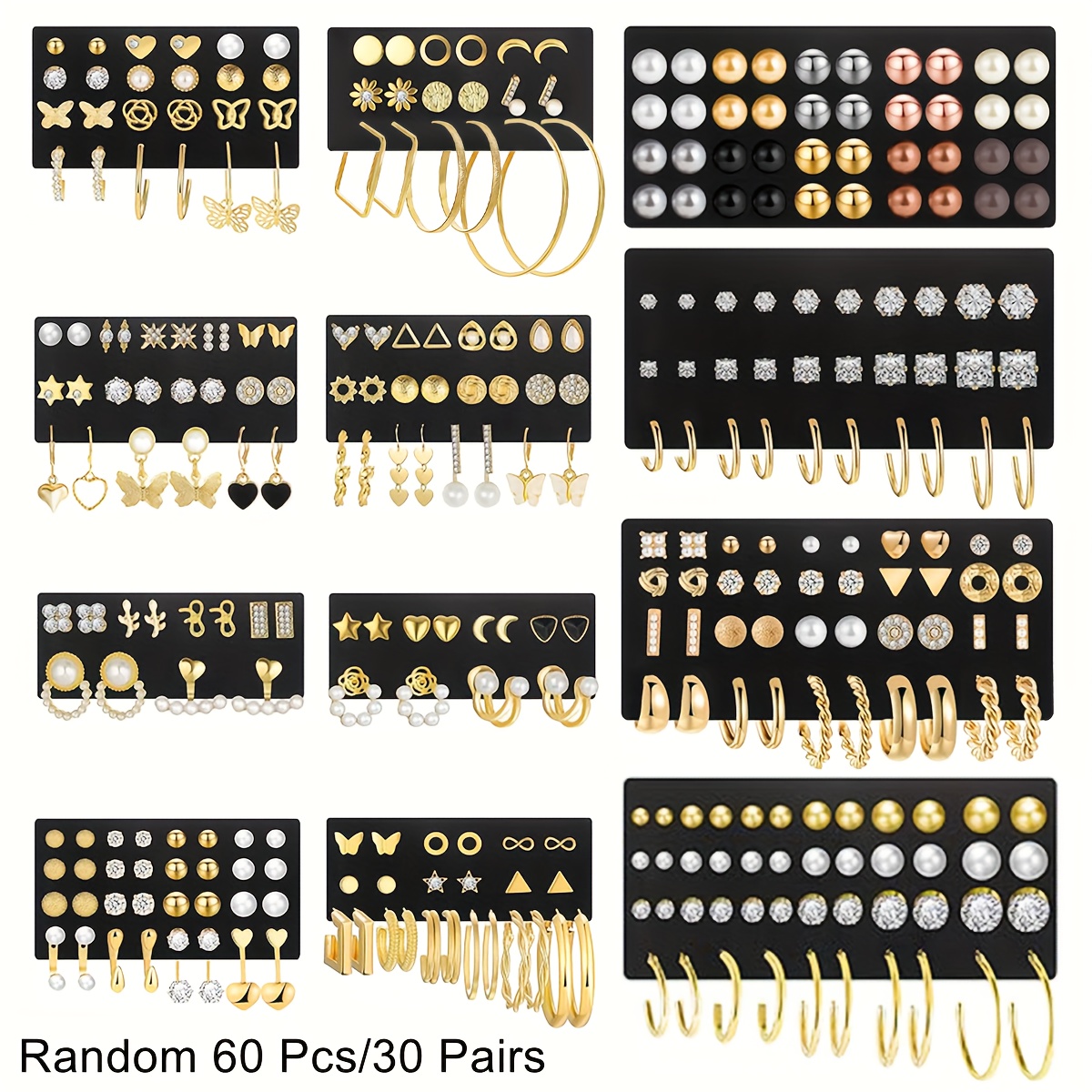 TEMU Random 60/100pcs Set -sense Exquisite Colorful Round Beads Sparkling Easy Rhinestone Love Flower Stud Earrings Women' Banquet Matching Trendy