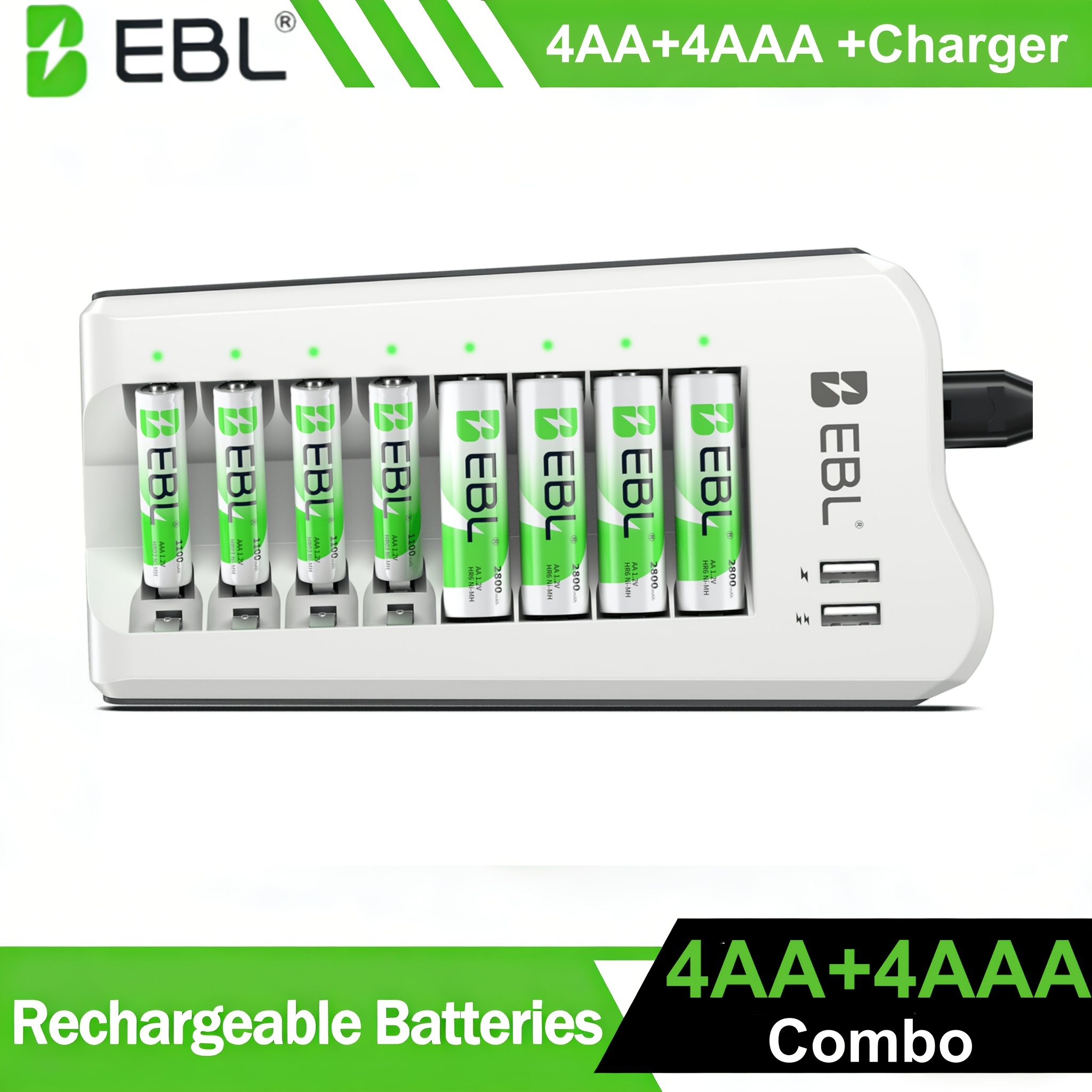 TEMU Ebl Rechargeable Aa Aaa Batteries With Charger, 1.2v 2800mah 1100mah High Capacity Low Self Nimh Aa Battery 4aa+4aaa/8aa/8aaa With 2 Usb Smart 8