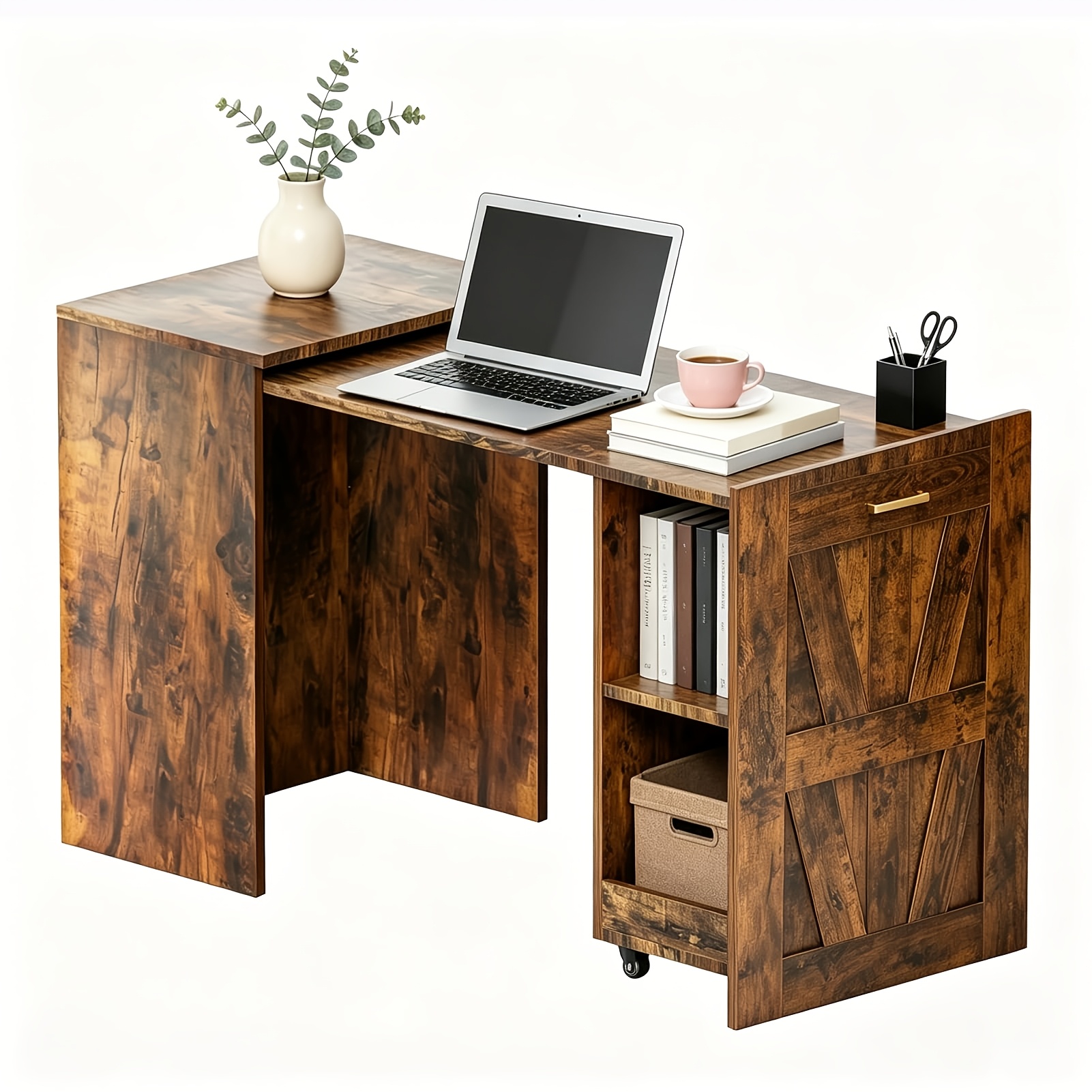 Image of Folding Extendable Desk With Storage, Computer Desk, Office Desk With 2 Shelves, Folding Desk For Small Spaces, Multifunctional Home Office Folding Desk For The Bedroom Or Kitchen