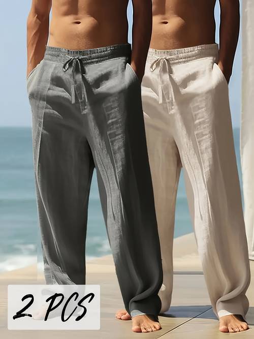 2pcs Men s Heavyweight Linen Pants - 95% Linen 5% Polyester Relaxed- -Season Trousers with Elastic Waist & Cuff | Breathable Thermal Casual & Riding Pants for Indoor/Outdoor Activities | Versatile for Semi-Formal to Casual Attire