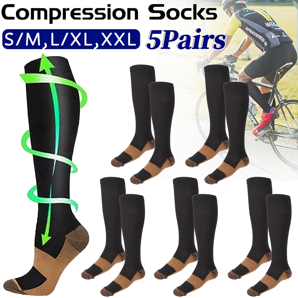 5 Pairs 20-30Mmhg Copper Compression Socks