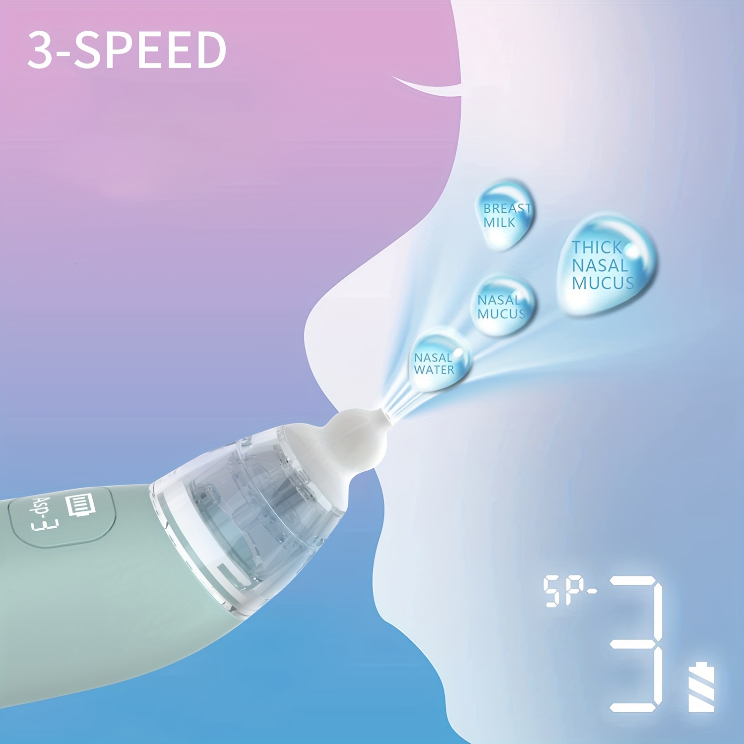 1pc portable electric   cleaner soothing music and soft lighting 3 adjustable suction levels 3 soft silicone tips to clear nasal   suitable for home use Product details 3