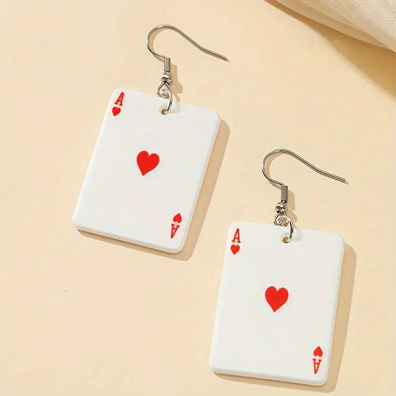 

Ace Of Hearts Playing Card Drop Earrings, Vintage Bohemian Style, Cute Trendy Fashion Jewelry, Red Heart Charm Dangle Earrings For Casual Wear