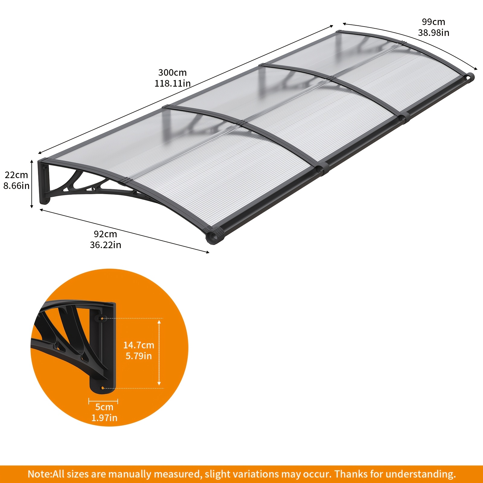 Image of 80-300cm Window Awning Door Canopy W/ Large Drainage Gutter Awnings For Doorways Polycarbonate Cover Patio Door Awning Uv Rain Snow Hollow Sheet, Brown Or Clear Porch Cover
