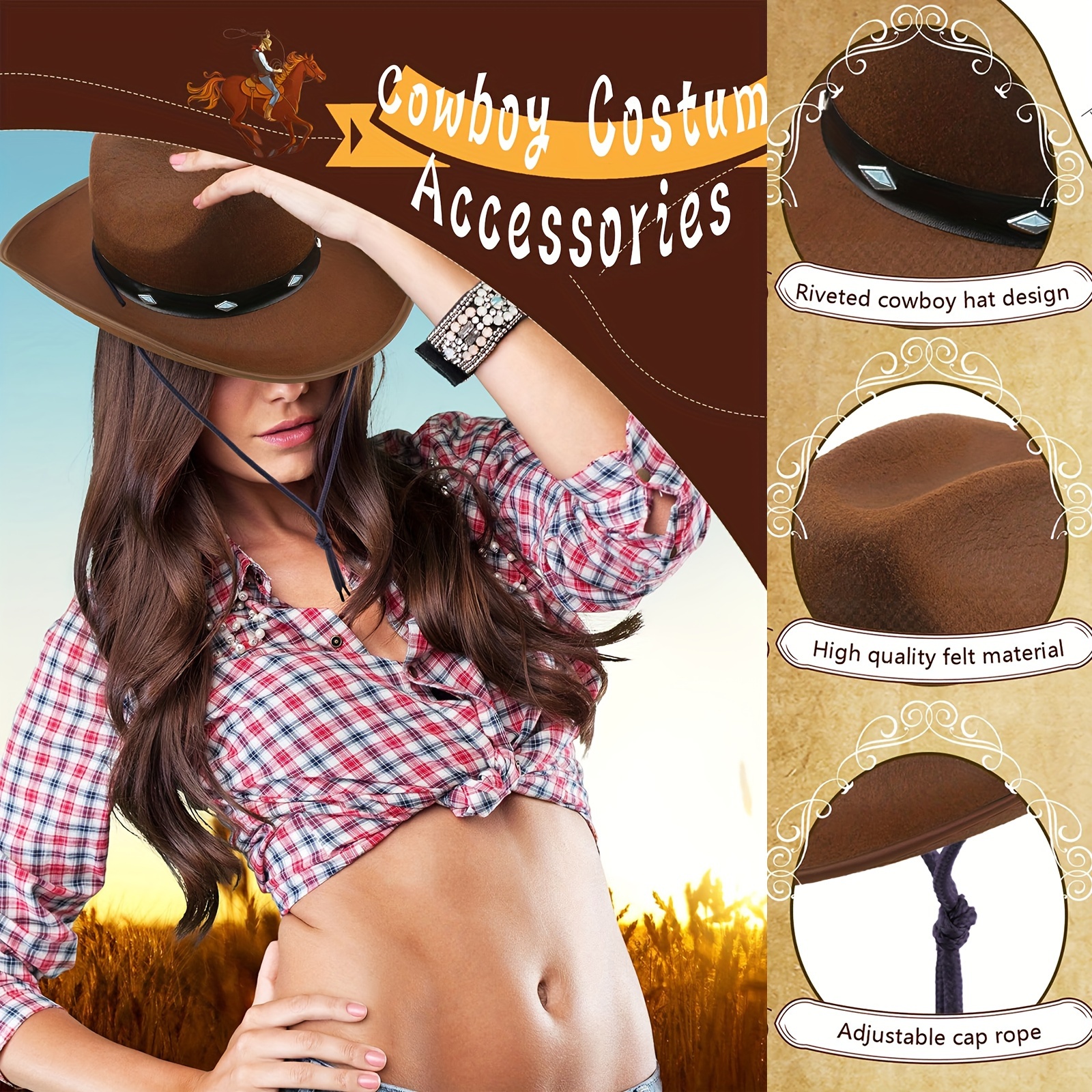 5pcs Western Cowboy Style Costume Props Brown Cowboy Hat 3pcs