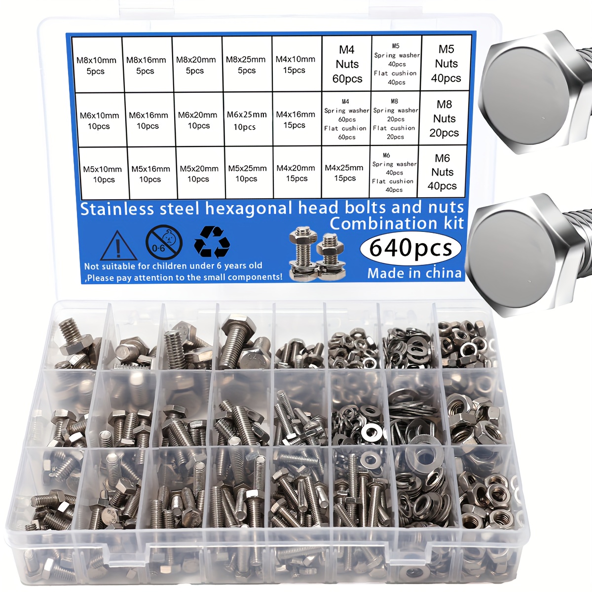 Image of 640pcs Hex Head Bolts And Nuts And Flat Washers Assortment Kit, M4/m5/m6/m8 Heavy Duty Stainless Steel Machine Screws And Nuts Bolts And Washers Kit
