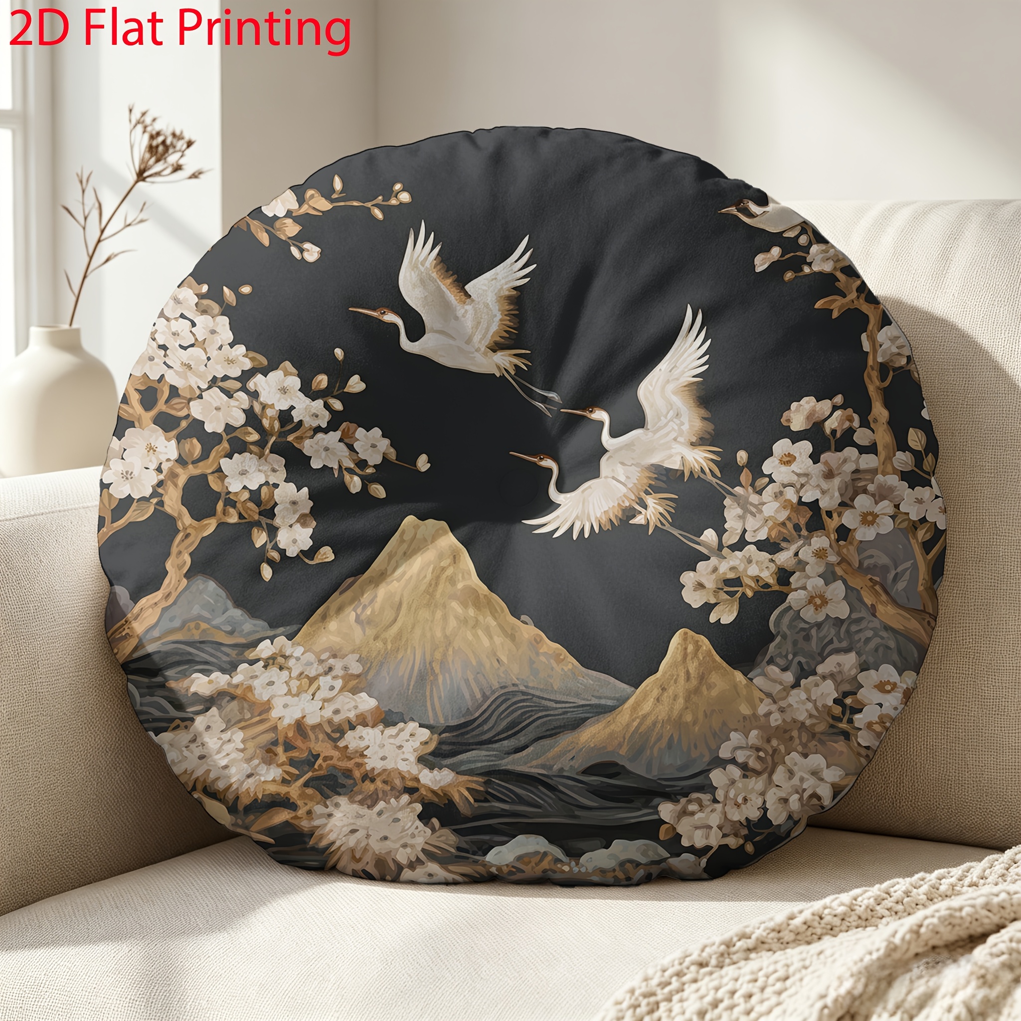 item picture crane round throw pillow decorative cushion with cherry   mountain artwork 2d flat printing design including pillow core hidden zipper living room bedroom home decorhalloween 2d flat