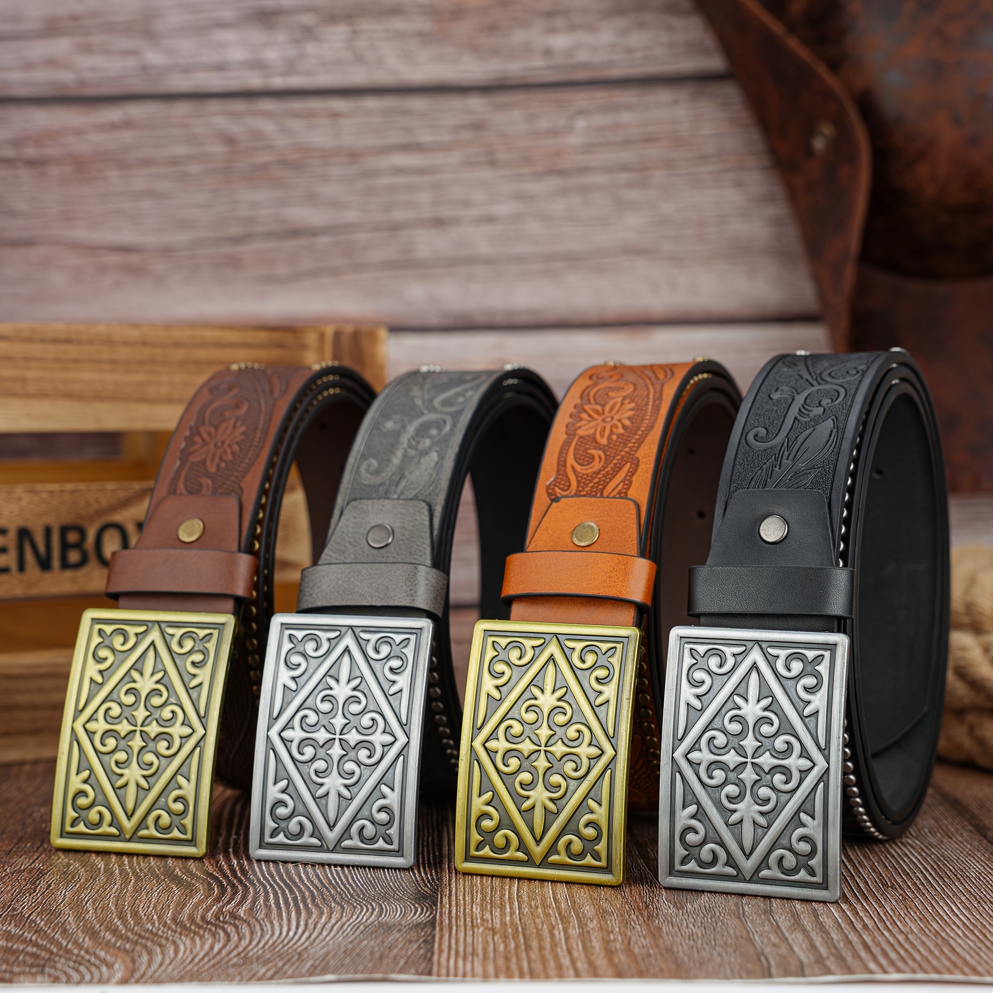 Men's Belt with Unique Square Cross & Eagle Feather Buckle