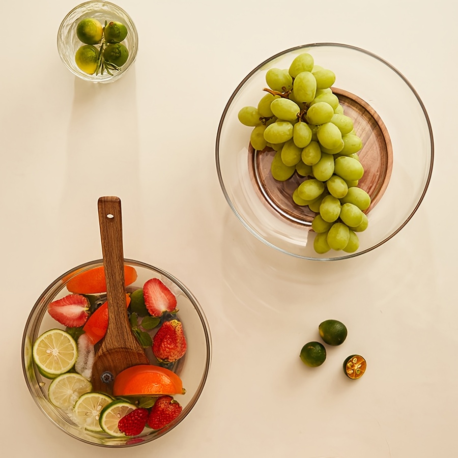 set glass salad bowl acacia wood base tongs round Temu Mauritius