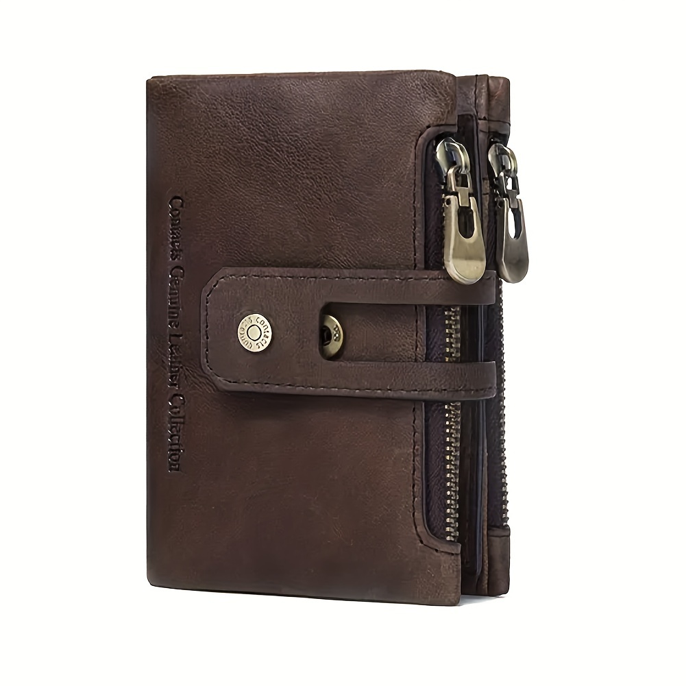 

Genuine Leather Men Short Wallet Card Holder Zipper Design With Coin Purse Pockets Mini Wallet