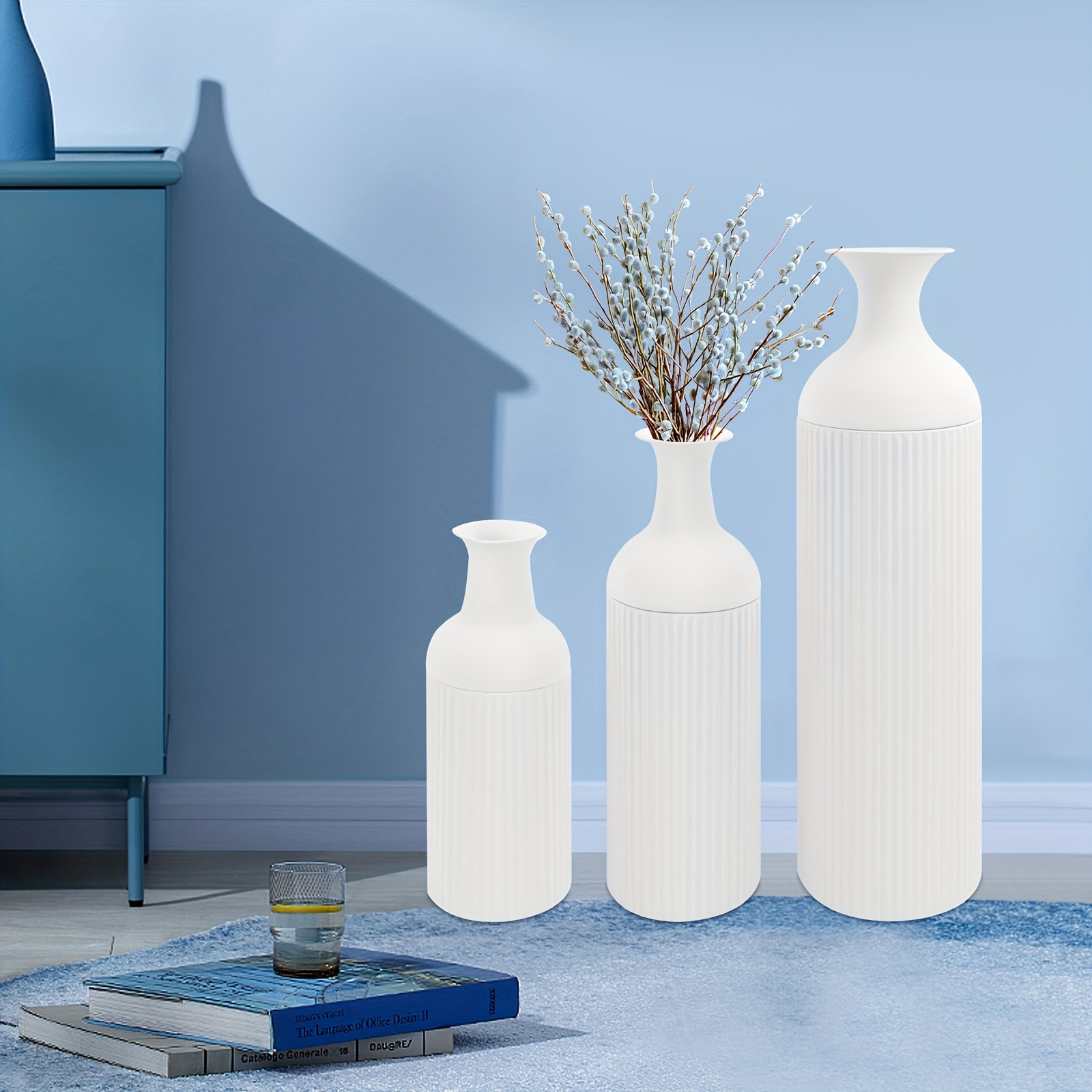 Set Of 3 White Modern Metal Vases - Floor & Tabletop Iron Planters With Baking Paint Finish | Living Room, Entryway, Restaurant Decor | Set (18x67cm, 16x50cm, 14x40cm) - Home & Hotel Decorative
