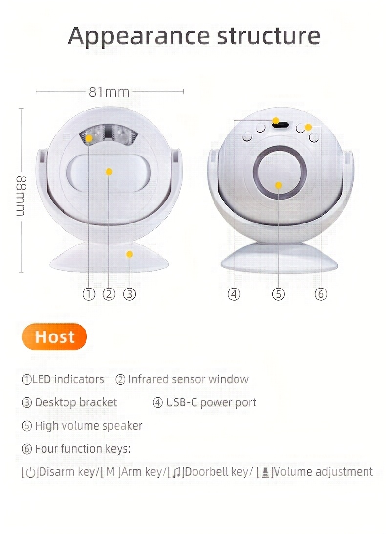 Sistema de Alarma de Seguridad Inalámbrico con Detector de Movimiento Infrarrojo y Timbre - Alimentado por Batería/USB de Doble Uso, Seguridad Inteligente para el Hogar con Alertas en Tiempo Real, Control Remoto