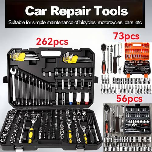 262/73/56pcs Automotive Repair Tool Set, Ratchet Wrench, 1/2 , 1/4 , 3/8 SAE Metric Socket Wrench Set, Ratchet Socket Wrench, Nylon Self-Locking Cable Ties with Fixing Pins, , Wrench,