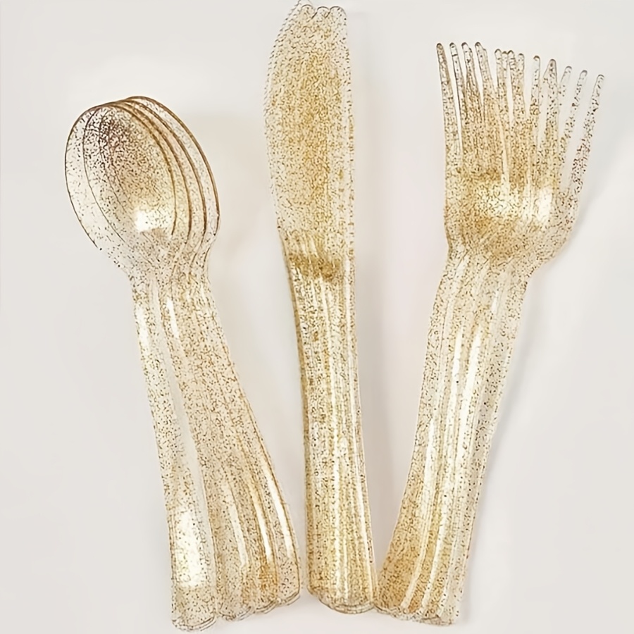 photo de l'article ensemble de couverts réutilisables à paillettes dorées 75/150 pièces, comprenant couteaux,   et cuillères, lavables et réutilisables. convient pour collations, desserts, gâteaux,  ., idéal pour anniversaires, fêtes   dannée,   et autres occasions